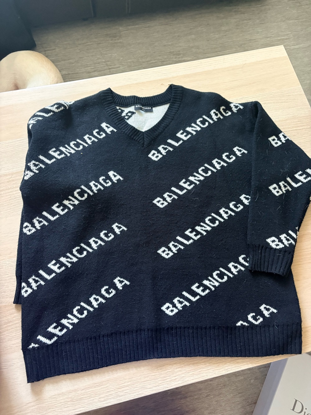 Balenciaga Black and White All-Over Logo V-Neck Sweater